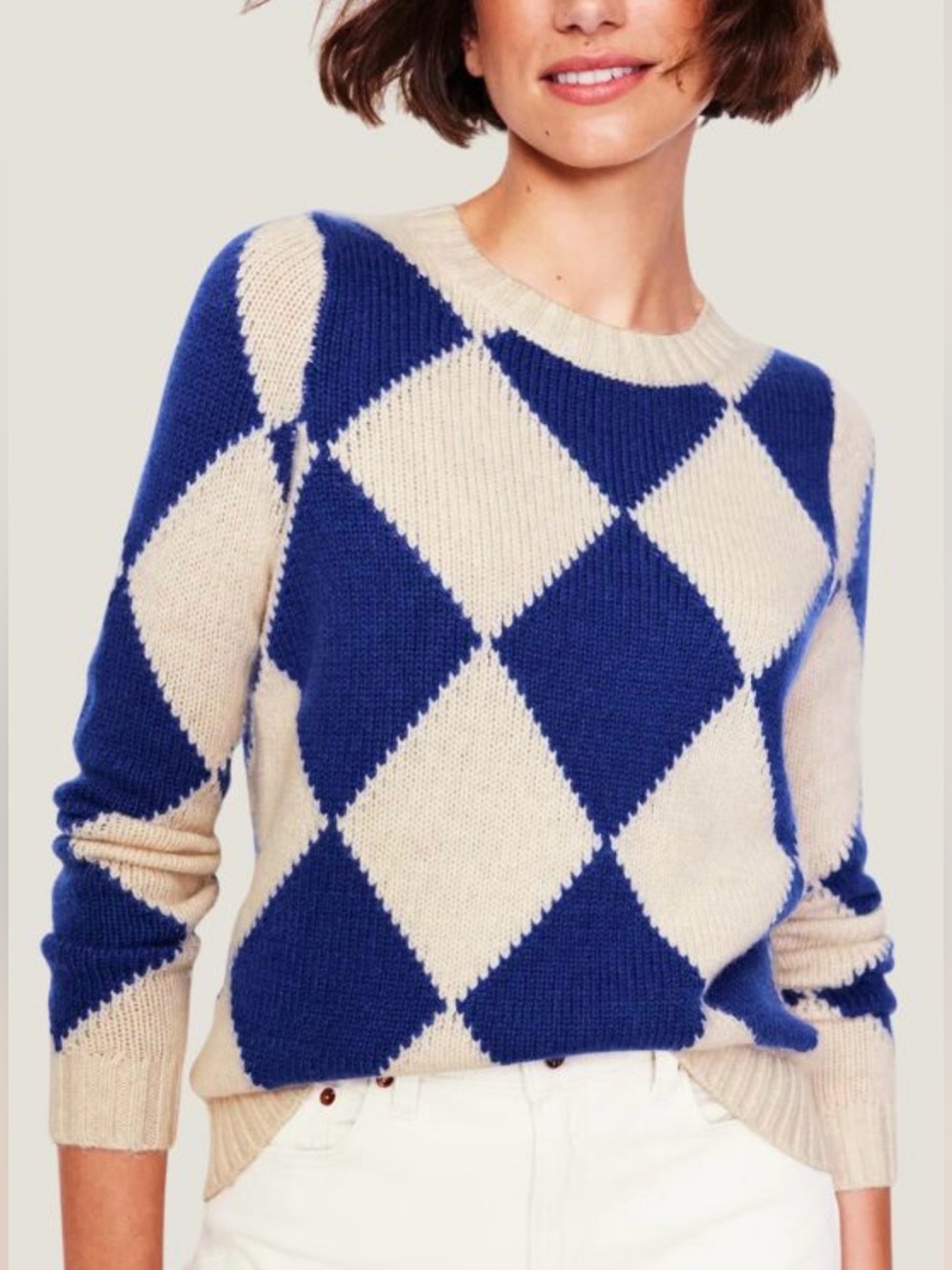 Boden Argyle Crew Neck Jumper Sweater Blue Cream Diamond Knit Size L